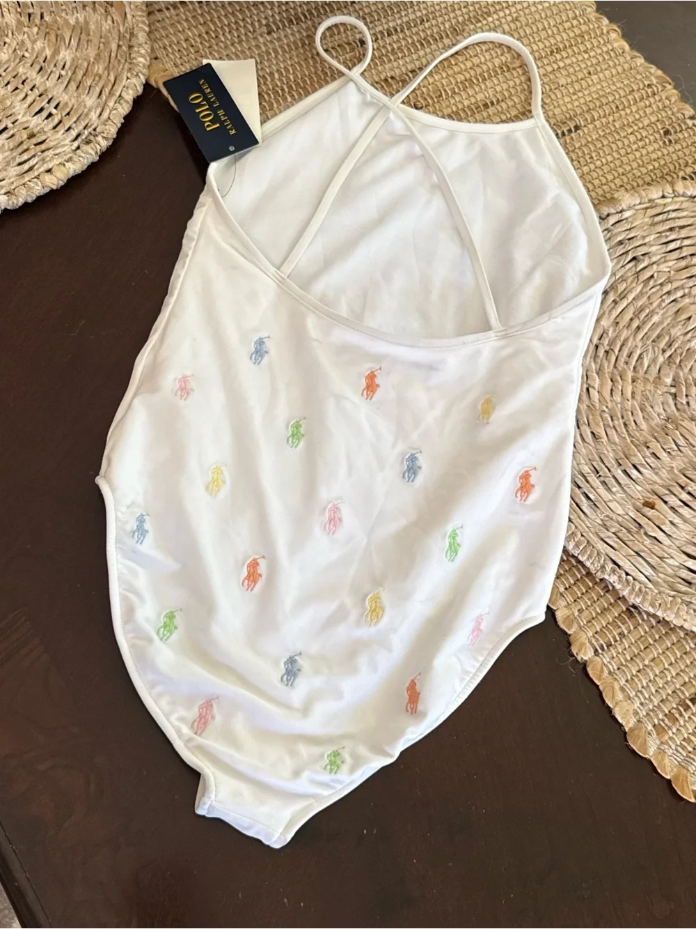 NWT Polo Ralph Lauren Girls White Colorful All Over Pony One Piece Swimsuit